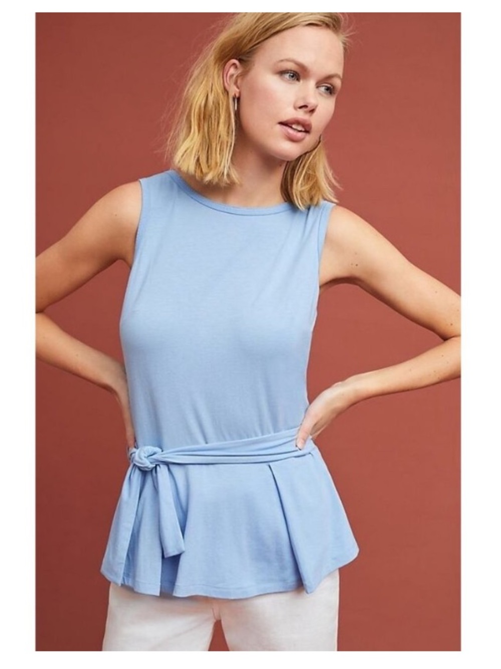 Anthropologie Ett Twa Blue Sleeveless Tie-Waist Peplum Tank